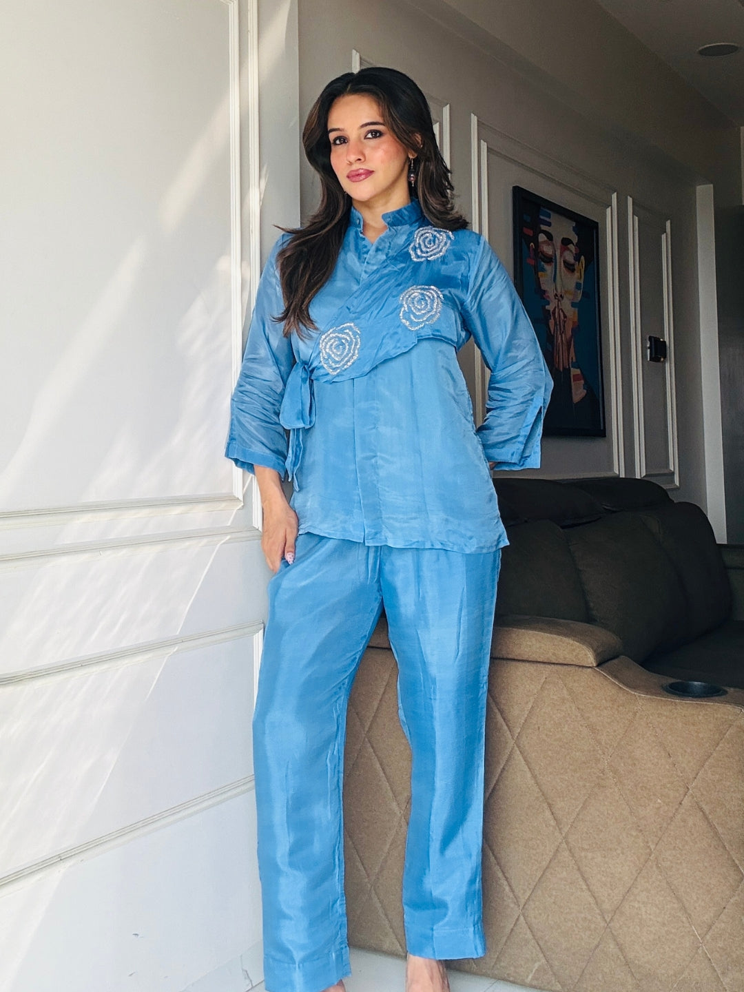 Blue Summer Silk Co-ord Set With Cutwork Detailing